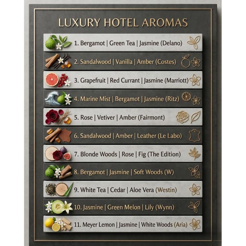May include: A rectangular sign titled LUXURY HOTEL AROMAS in gold lettering. It features eleven horizontal bars, alternating between white and dark gray, each listing a numbered scent profile with botanical illustrations and hotel names.
