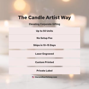 May include: A graphic display titled The Candle Artist Way, Elevating Corporate Gifting. It lists features: Up to 50 Units, No Setup Fee, Ships in 10-15 Days, Laser Engraved, Custom Printed, and Private Label. The website thecandleartistway.com is at the bottom.