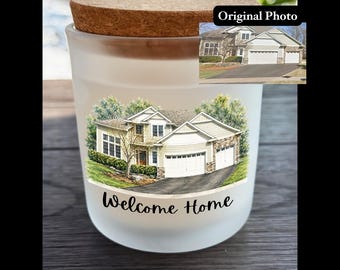 New Home Gift, Painterly Custom House Portrait, Printed on Glass Realtor Closing Gift, New Address< New Home Candle,  Keepsake Candle Art