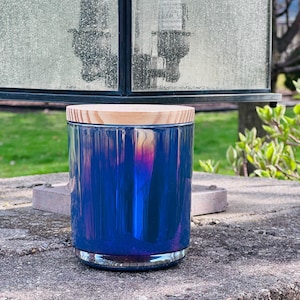 Luxury Iridescent Vibrant Glass Candle – 14 oz Candle Art – Custom Engraved Cork or Wood Lid – Unique Gift for Her – Home Decor Glow