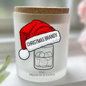 Holiday Brandy Scented Candle | Wood, Leather, Patchouli, Vanilla | 8 oz Frosted Glass, Unforgettable Scent, Custom Candle Art