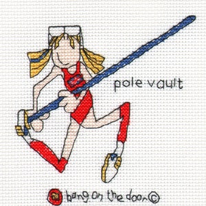 May include: A cartoon illustration of a female pole vaulter in a red and blue uniform, holding a blue pole, with the text "pole vault" and "hang on the door" below the image.