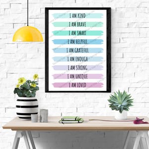 Daily Affirmations for Kids Printable | I Am Affirmation Wall Art | Pastel Motivational Digital Download | Mindful Kids Room Decor