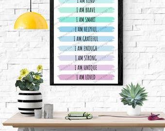Affirmationen für Kinder zum Ausdrucken | Ich bin Affirmation Wandkunst | Pastell motivierend digitaler Download | Achtsame Kinderzimmer Dekor
