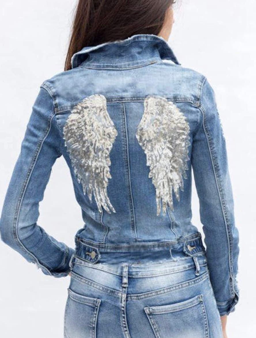 Hito barrera Él Chaqueta vaquera novia con alas de ángel plata/Cazadora denim - Etsy España