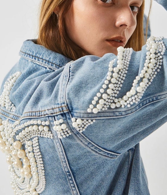 sandro denim jacket pearls