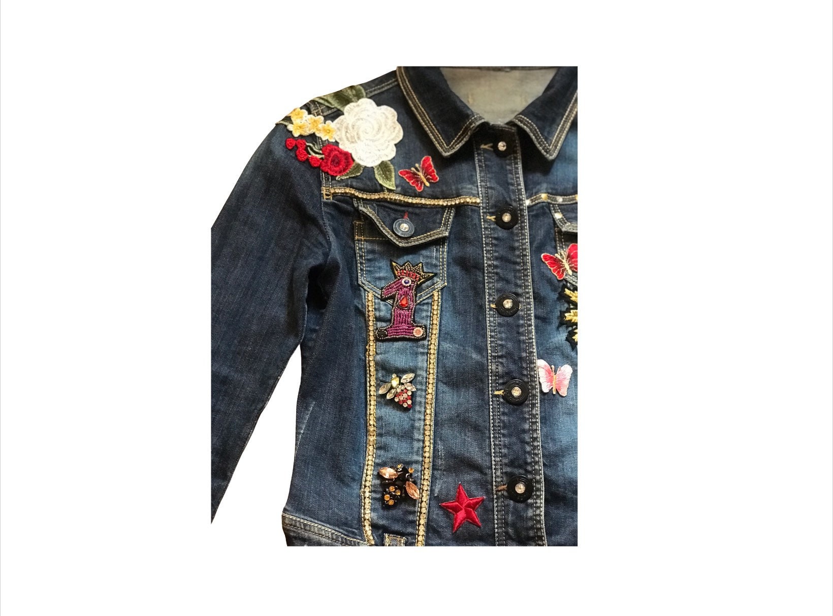 Denim Jacket Flowers Studs / Denim Jacket Hearts and - Etsy