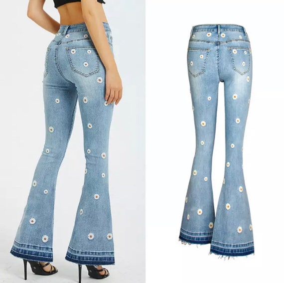 Pantalones vaqueros mujer bordados/pantalones mujer campana/ | Etsy España