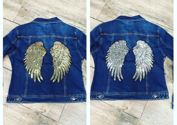 denim jacket with sequin angel wings