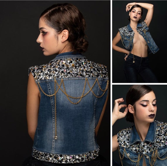 vaquero bordado pedreria Chaleco cadenas / - España