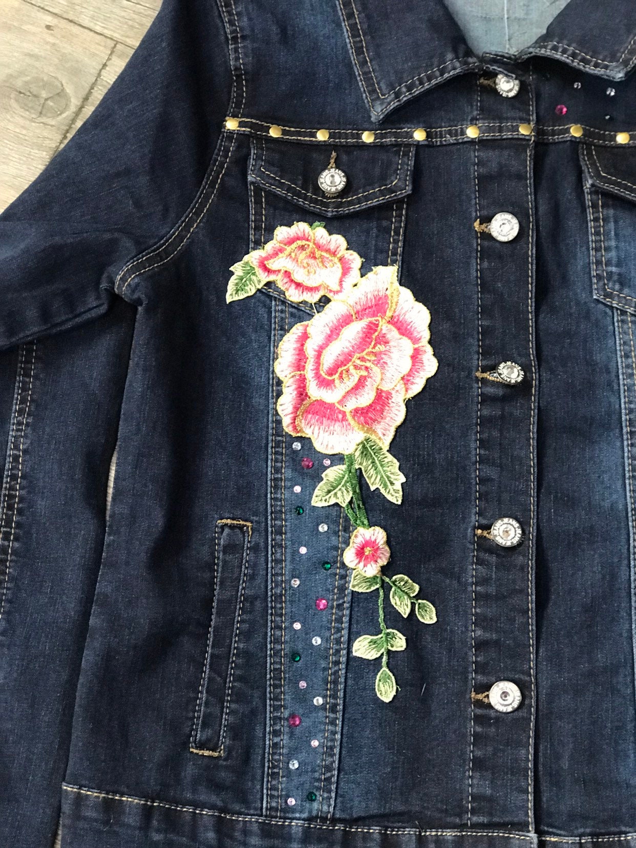 Women's Denim Jacket With Flowers and Rhinestones - Etsy