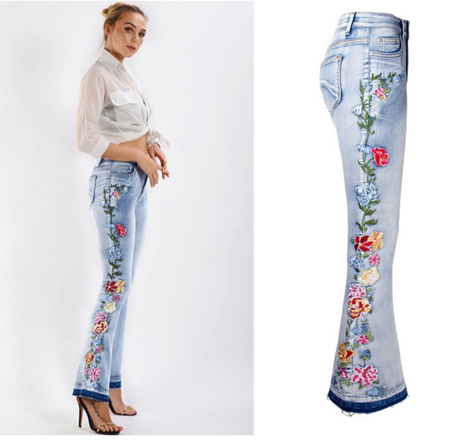 Women's Embroidered Jeans/women's Bellbottom Etsy