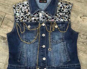 vaquero bordado pedreria Chaleco cadenas / - España