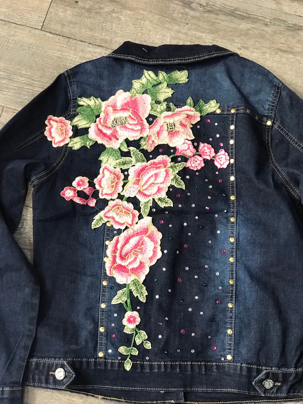 Women's Denim Jacket With Flowers and Rhinestones - Etsy