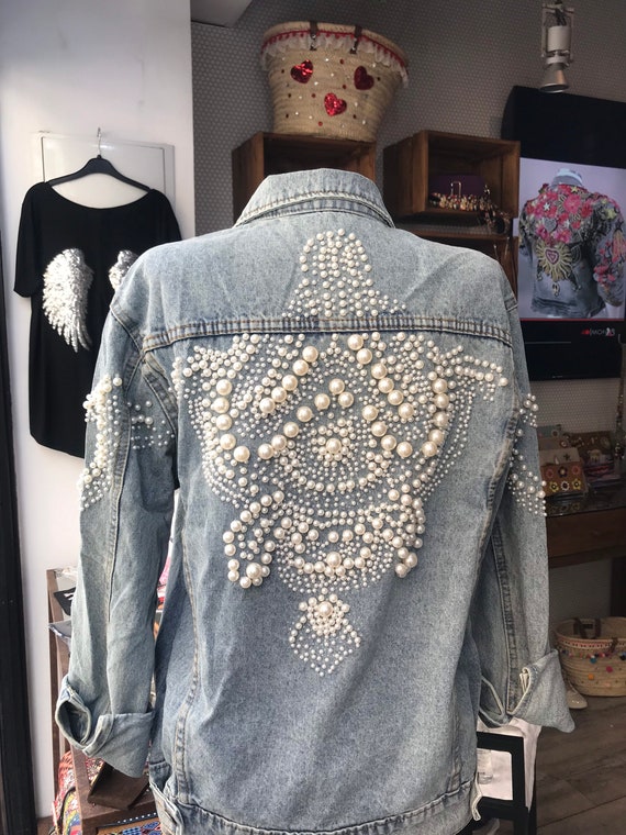 Women's denim jacket / embroidered denim jacket / pearl | Etsy