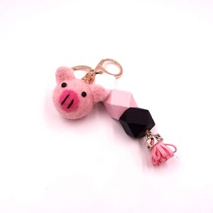 Felt Pig with Wooden Beads and Pink Tassel Keychain