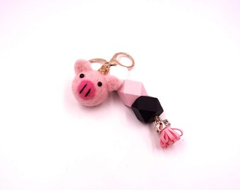 Felt Pig with Wooden Beads and Pink Tassel Keychain
