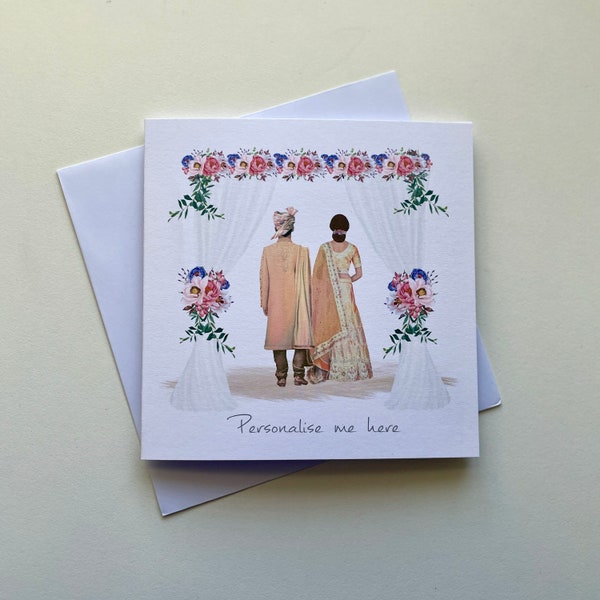 Hindu wedding card, Personalised Asian Bride and Groom card, Muslim wedding day, Congratulations on your wedding day, Indian couple