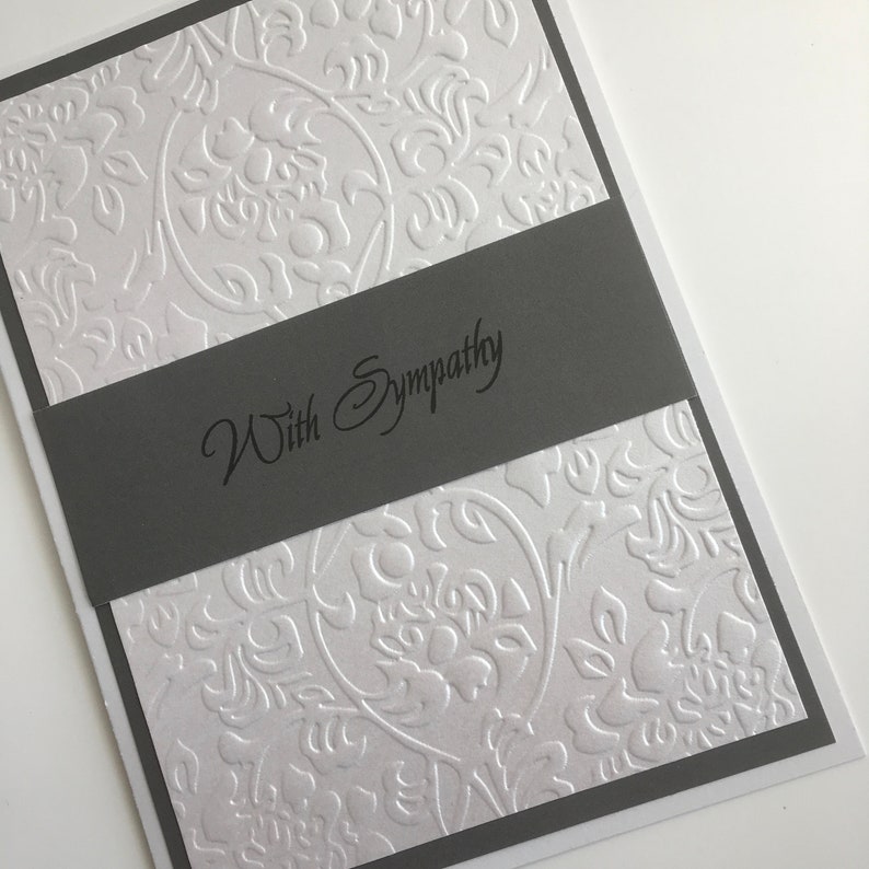 sorry for your loss thinking of you dark grey and white with sympathy embossed card Bereavement card Hand made loss and grieving card.