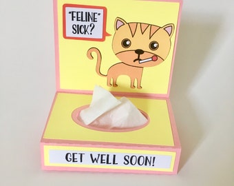 Get Well Soon feline Sick Cat Card, 3D Stand up Get Well card hand made, Tissue box greeting card