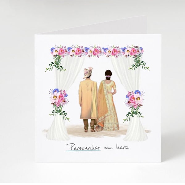 Hindoe trouwkaart, gepersonaliseerde Aziatische bruid en bruidegom kaart, islamitische trouwdag, gefeliciteerd met je trouwdag, Indiaas koppel