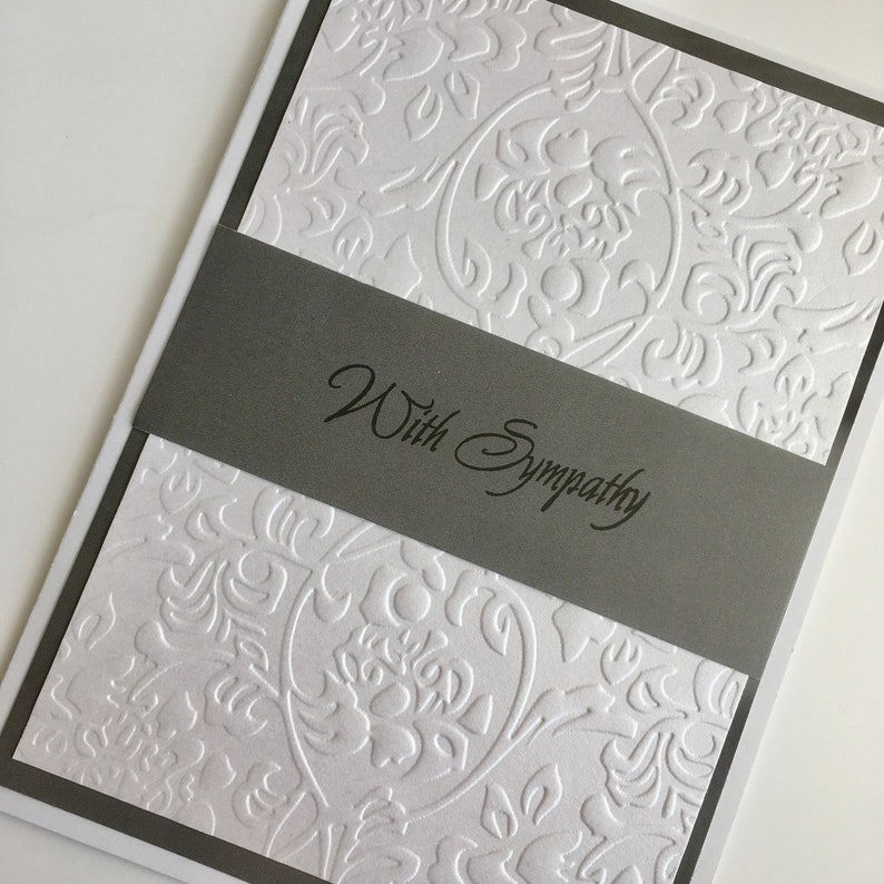 sorry for your loss thinking of you dark grey and white with sympathy embossed card Bereavement card Hand made loss and grieving card.