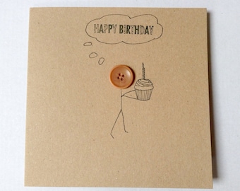 Button head stick man happy birthday card, Hand drawn birthday card, hand made card for birthdays