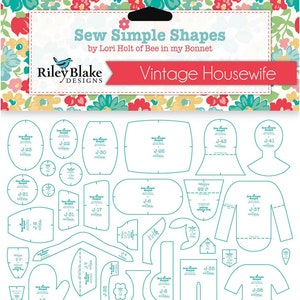 May include: Sew Simple Shapes Vintage Housewife pattern sheet by Riley Blake Designs. The sheet includes 19 different shapes for sewing projects, including a dress, a shirt, a mitten, and a flower.