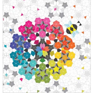 May include: A geometric pattern featuring a central circular arrangement of vibrant, multi-colored pentagonal and hexagonal shapes in a rainbow spectrum, surrounded by a white background with faint gray lines and a small stylized bee graphic.