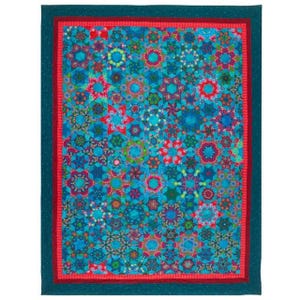 May include: A vibrant, handmade quilt featuring a complex pattern of turquoise, blue, red, and green floral and geometric shapes. The quilt has a teal border with a red inner border, creating a striking contrast. The intricate design showcases a variety of starburst and circular motifs.