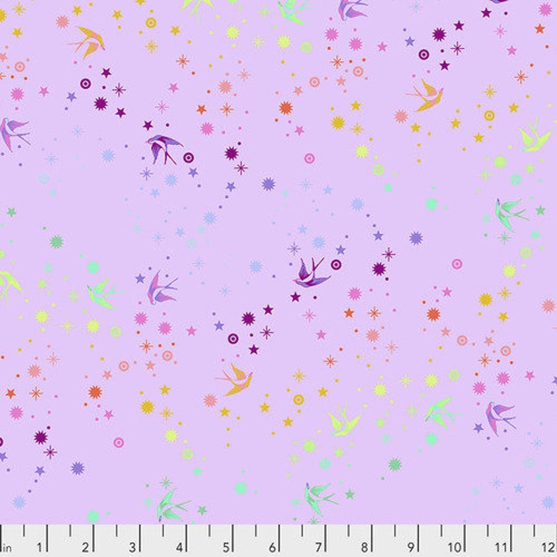 May include: A purple fabric with a repeating pattern of colourful stars and stylised birds. The birds are in shades of blue, pink, and green.