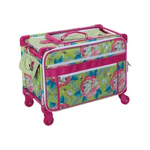 May include: A pink and green rolling craft tote with floral print and multiple pockets. The tote has a handle and four wheels.