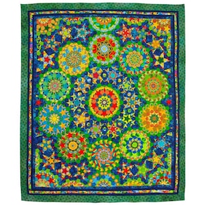 May include: A colorful quilt with a vibrant design. The quilt features a repeating pattern of circular and star-shaped motifs in shades of blue, green, yellow, and red. The quilt has a green border and a dark blue inner border.