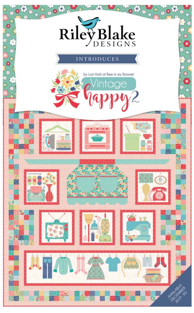 May include: A quilt pattern featuring a vintage kitchen theme with a variety of images including a stove, a telephone, a sewing machine, and a clothesline. The quilt pattern is called "Vintage happy2" and is by Lori Holt of Bee in my Bonnet.