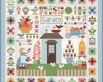 May include: A colourful patchwork quilt depicting a whimsical garden scene with a small house, flowers, vegetables, and a bird. The quilt is framed with a blue border and has the word "Garden" stitched in the centre.