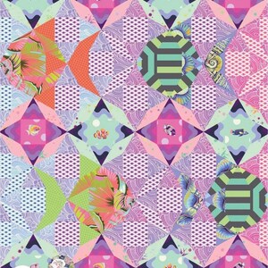 May include: A quilt featuring a repeating geometric pattern of diamonds and triangles in shades of pink, purple, green, and orange. The design incorporates various fish illustrations, including clownfish, and intricate wave and grid textures.