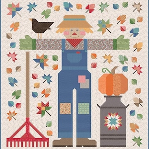 May include: A patchwork quilt design featuring a scarecrow with a straw hat, overalls, and outstretched arms. The scarecrow is standing next to a milk jug, a pumpkin, and a rake. The background is filled with colourful leaves.