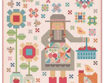 May include: A patchwork quilt design featuring a girl in a red dress and boots, holding a basket of red apples. The quilt also features a sunflower, a jar of apples, a jar of pears, a chicken, and a bird. The quilt is made with a variety of fabrics in red, blue, green, yellow, and white. The quilt size is 77" x 88".
