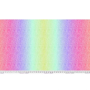 May include: A colourful fabric with a gradient of pink, purple, green, and yellow. The fabric has a delicate, swirling white pattern. A ruler at the bottom shows measurements in centimetres.