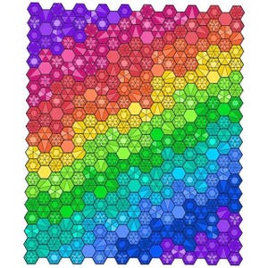 May include: A rainbow-colored hexagonal pattern with a geometric design. The pattern is made up of small hexagons that are arranged in a repeating pattern. The colors of the hexagons are red, orange, yellow, green, blue, indigo, and violet.