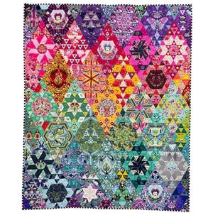 May include: A colourful quilt with a geometric pattern of triangles and hexagons. The quilt is made with a variety of fabrics in shades of pink, purple, green, blue, yellow, and red. The quilt is bordered with a black and white patterned fabric.