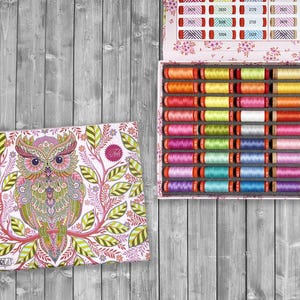 May include: A colorful box of embroidery floss with a pink lid and a floral design. The box contains 50 spools of thread in various colors. The front of the box features a colorful owl illustration.