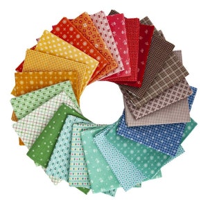May include: A collection of 20 fabric squares in a rainbow of colors and patterns, arranged in a circle. The fabrics feature various geometric designs, including gingham, polka dots, and stripes.