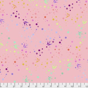 May include: Pink fabric with a repeating pattern of colourful birds and stars. The birds are flying in different directions and the stars are scattered throughout the fabric.