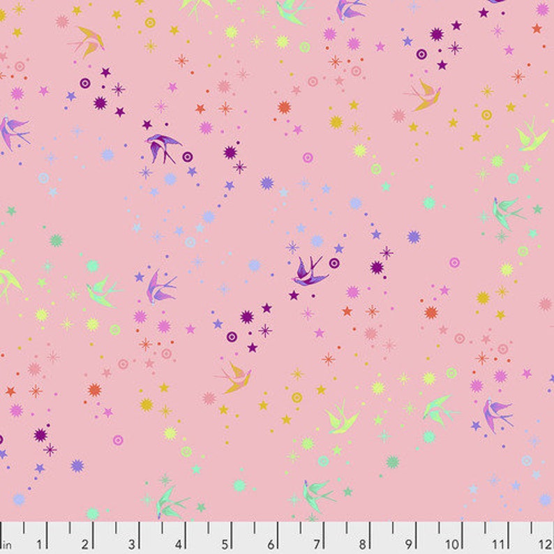 May include: Pink fabric with a repeating pattern of colourful birds and stars. The birds are flying in different directions and the stars are scattered throughout the fabric.