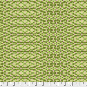 May include: A repeating pattern of green and pink hexagons. The hexagons are arranged in a diagonal pattern. The background is a light green colour.