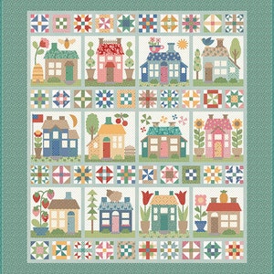 May include: A colorful quilt featuring a pattern of houses with various details, including flowers, trees, and birds. The houses are arranged in a grid pattern and are surrounded by a border of green squares.