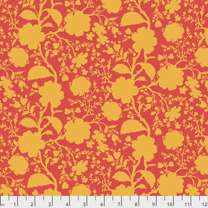 May include: A red fabric with a repeating pattern of yellow floral silhouettes. The pattern includes leaves, flowers, and small dots.