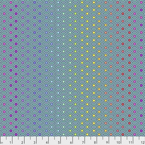 May include: A teal blue background with a repeating pattern of hexagons. The hexagons are filled with a gradient of colours, starting with pink at the bottom and transitioning to yellow at the top.