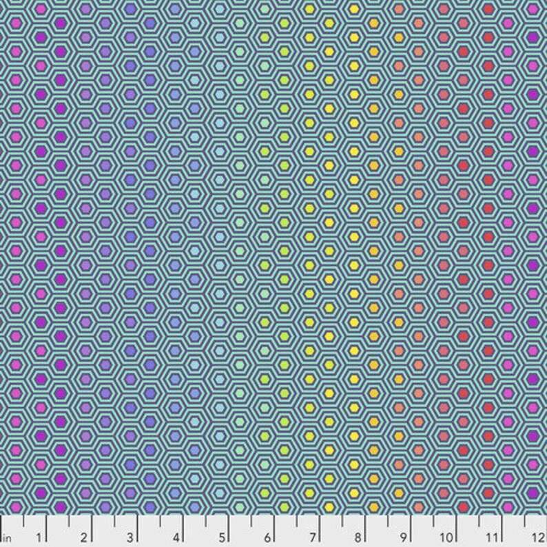 May include: A teal blue background with a repeating pattern of hexagons. The hexagons are filled with a gradient of colours, starting with pink at the bottom and transitioning to yellow at the top.